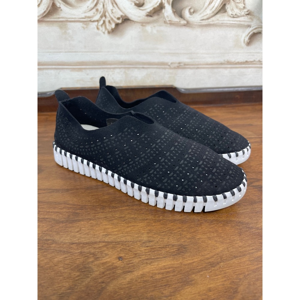 Ilse Jacobsen Womens Tulip Sneakers Black Suede Size 37 Travel Slip on Comfy